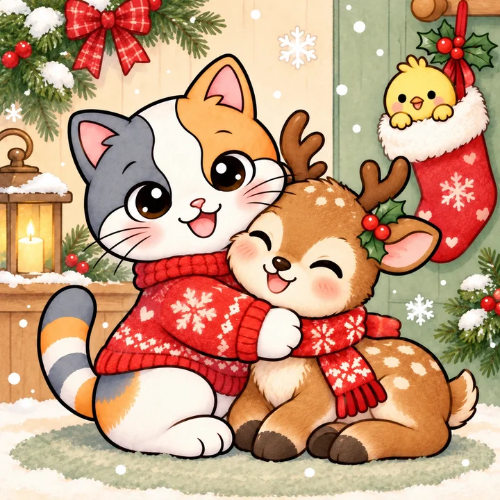 Kiki in a Christmas sweater hugging Nutmeg the baby reindeer, Pom in a stocking