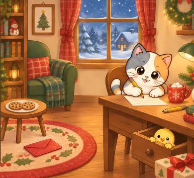 Kiki writing her letter to Santa at a cozy desk, Pom peeking out of a drawer
