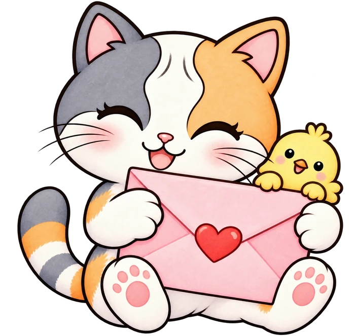 Kiki hugging a pink envelope with a heart, Pom peeking over the top