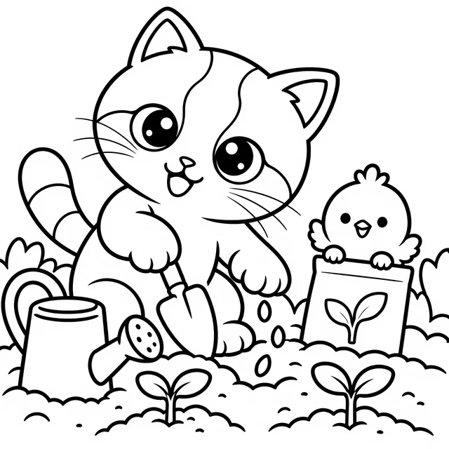 Free coloring page: Kiki planting seeds with a trowel while Pom sits on the seed packet
