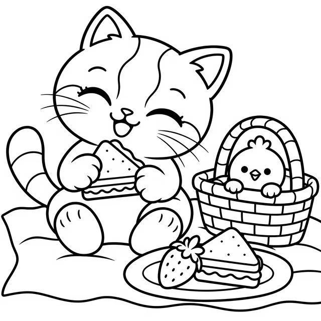 Free coloring page: Kiki eating a sandwich on a picnic blanket, Pom peeking out of the basket