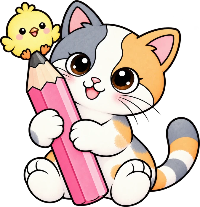 Kiki the calico kitten hugging a big pink pencil with Pom sitting on the tip