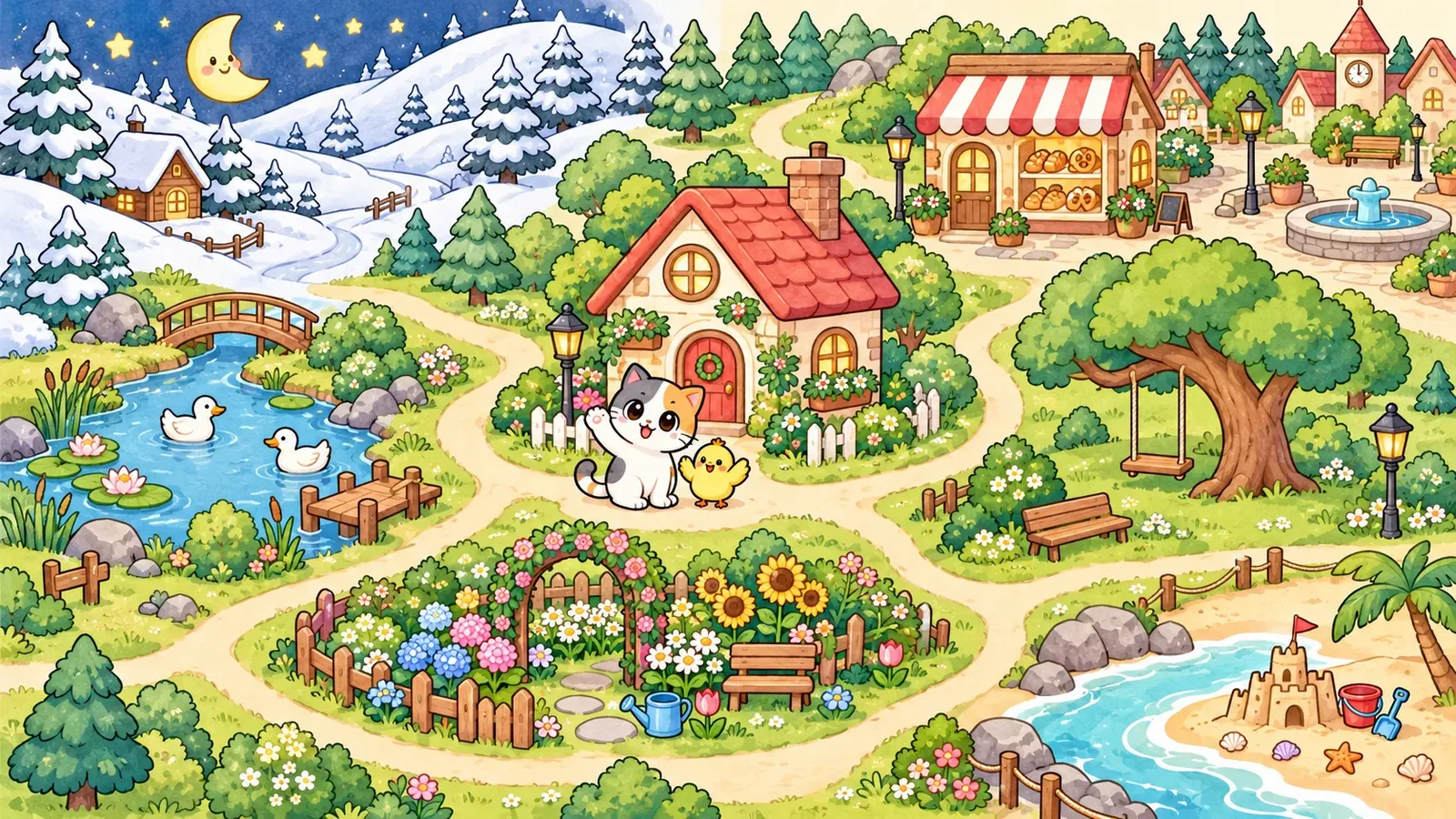 Illustrated map of Kiki's world: Kiki and Pom waving outside their cottage, with a bakery, flower garden, duck pond, swing tree, beach and snowy hills under the moon