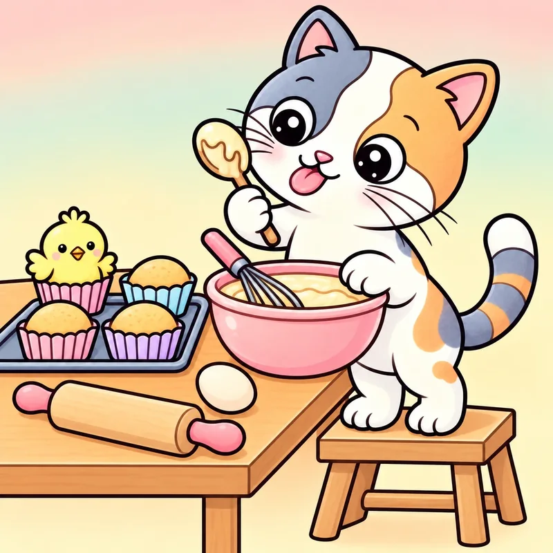 Kiki baking cupcakes, Pom sitting in a cupcake case