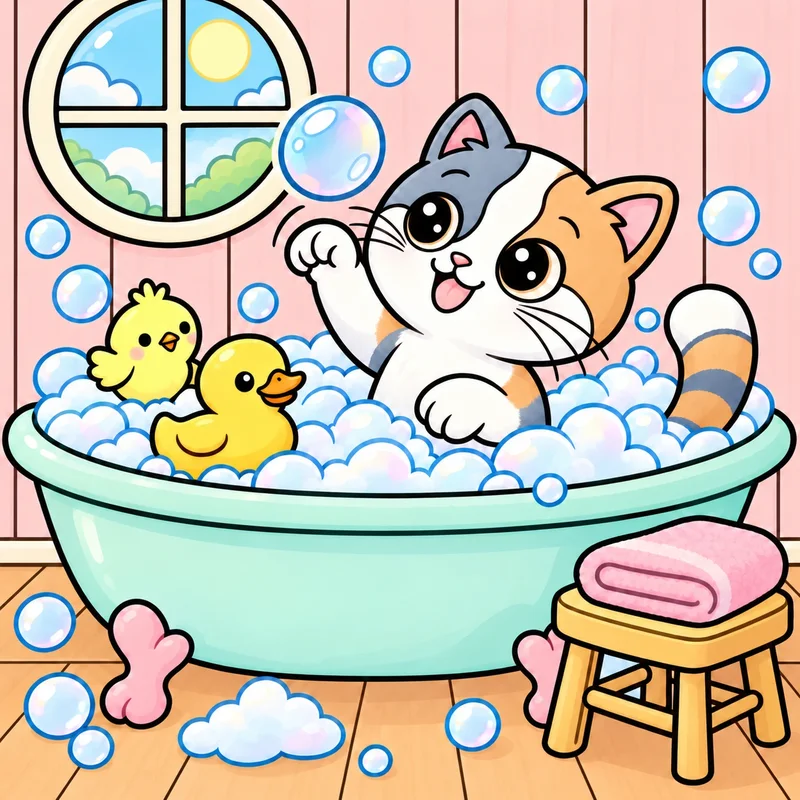 Kiki in a bubble bath with Pom and a rubber duck
