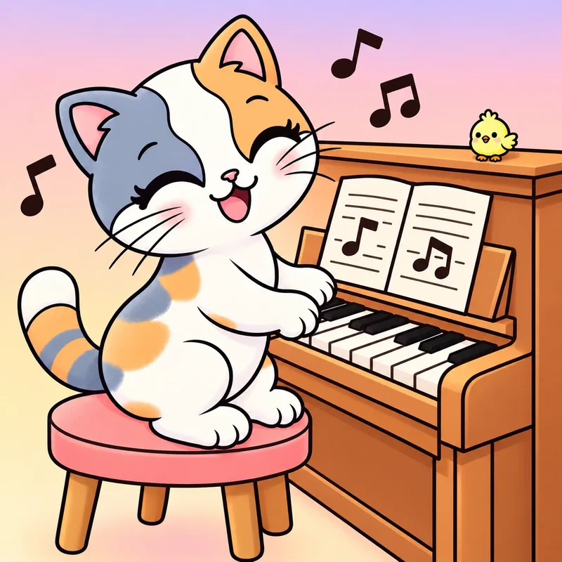 Coloring page: Kiki singing at the piano with Pom on top, colored